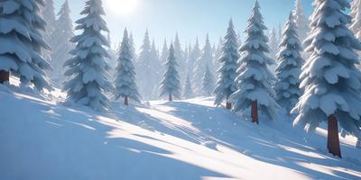 The primary subject of the image is a snowy landscape with a forest of pine trees. The setting is a wintery environment with snow covering the ground and trees. The visual style is a digital art or illustration, creating a realistic and serene atmosphere. The dominant colors are white and shades of gray, reflecting the snowy landscape.